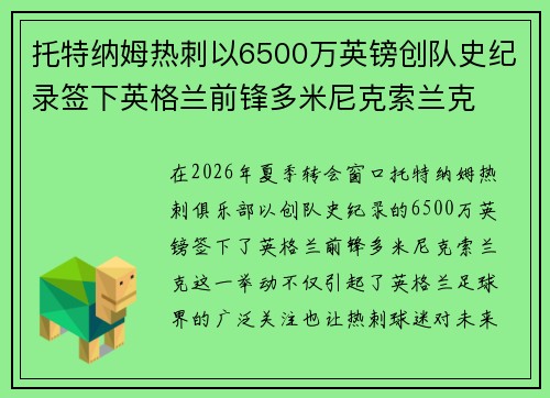 托特纳姆热刺以6500万英镑创队史纪录签下英格兰前锋多米尼克索兰克